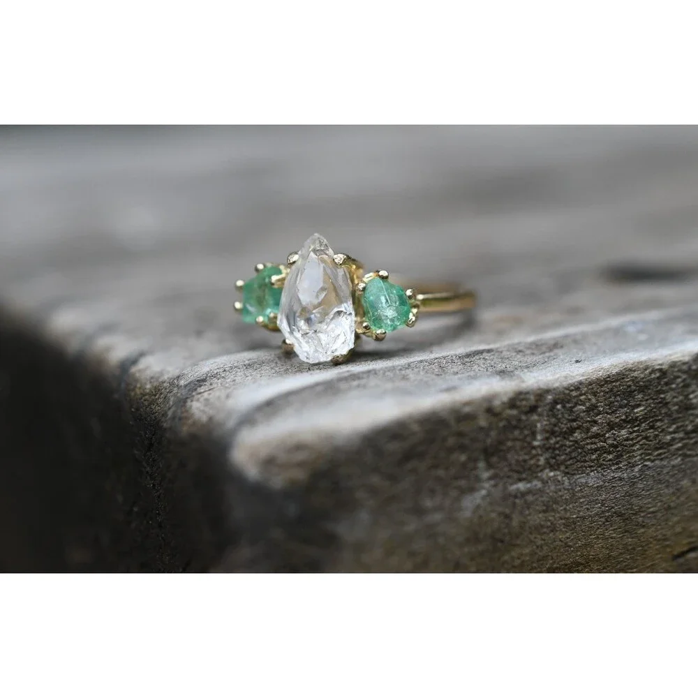 Engagement ring Raw emerald , raw Lake County diamond ring  size 4 5 6  7 8 9 10